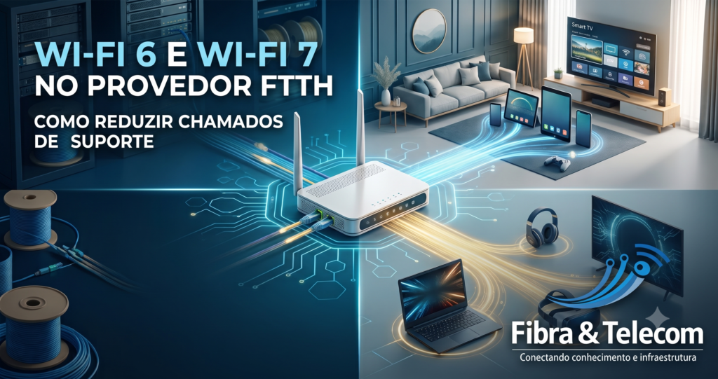 Infográfico comparativo entre Wi-Fi 6 e Wi-Fi 7 no Provedor FTTH, mostrando um roteador central conectando dispositivos domésticos e avançados para reduzir chamados de suporte técnico.