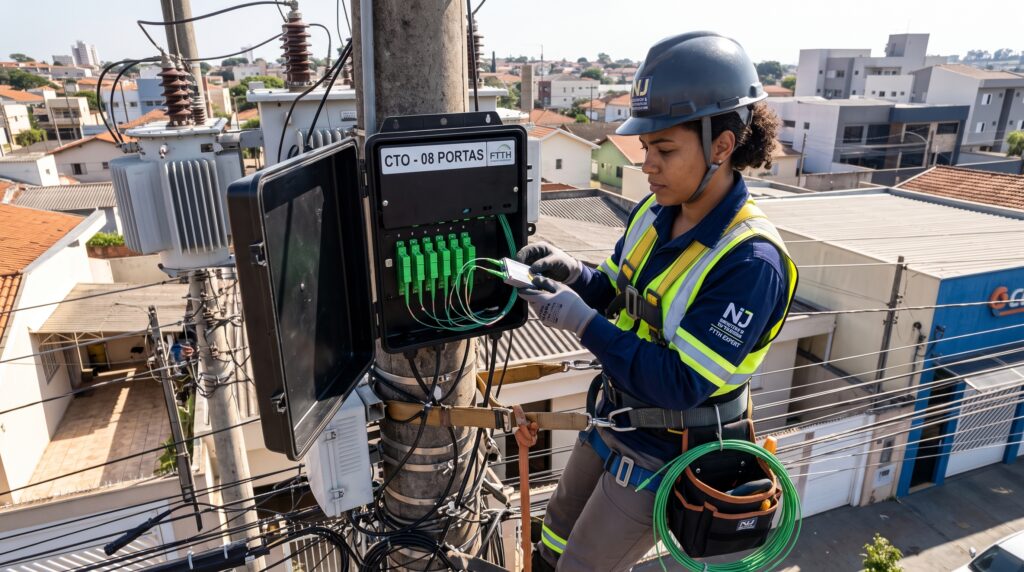 Técnico da NJ Projetos realizando a manutenção e expansão de CTO lotada em poste