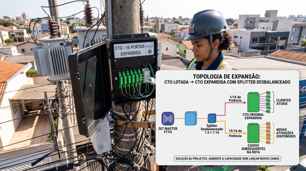 Diagrama de rede FTTH comparando CTO lotada e solução de expansão com splitter desbalanceado