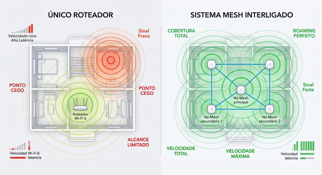 Comparativo de alcance e desempenho Wi-Fi residencial em português: roteador único vs. sistema Mesh