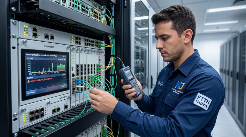 Técnico analisando porta PON e cabos de fibra em rack OLT para evitar gargalo na OLT