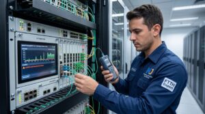 Técnico analisando porta PON e cabos de fibra em rack OLT para evitar gargalo na OLT