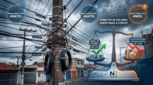 Infográfico sobre a guerra do aluguel de postes e o impasse entre Anatel e Aneel