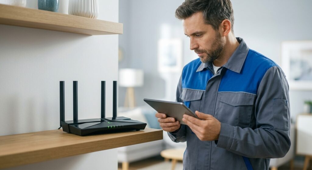 Técnico diagnosticando problema de WiFi lento em ambiente residencial