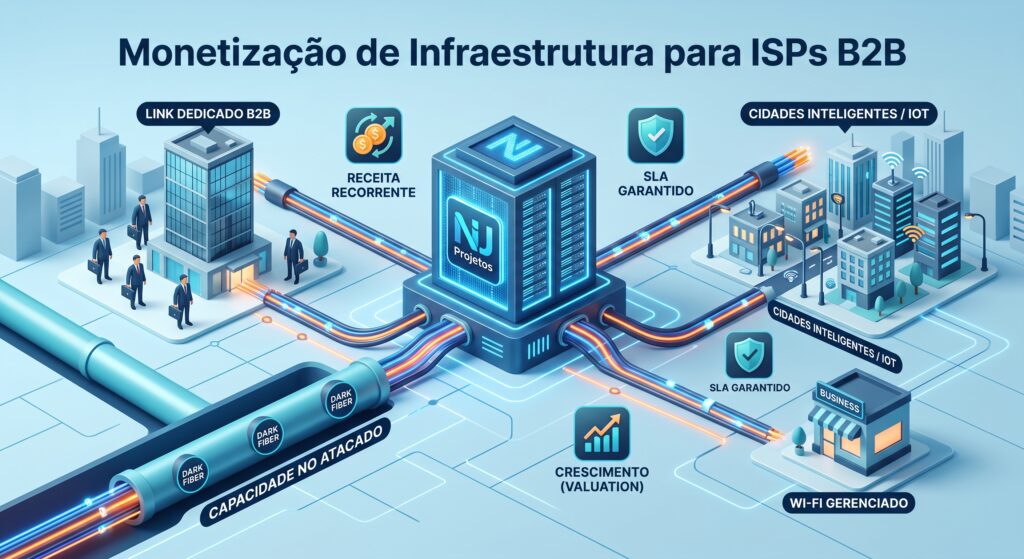 Infográfico sobre monetização de infraestrutura de fibra óptica, B2B e Dark Fiber para ISPs