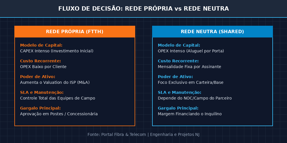 Infográfico com fluxo de decisão para provedores de internet comparando investimento em rede própria de fibra óptica versus contratação de rede neutra alugada.