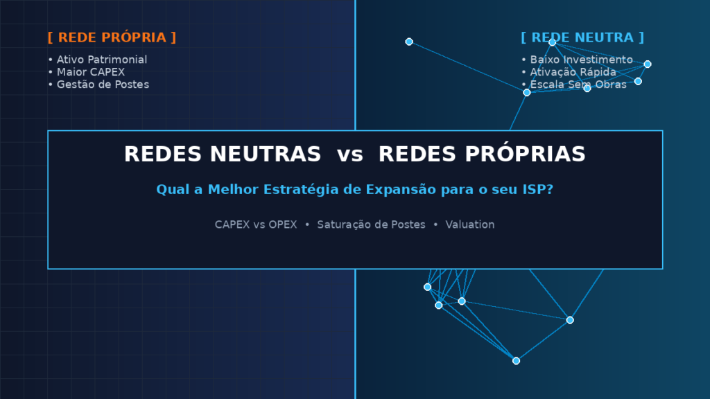 Infográfico comparativo sobre Redes Neutras vs Redes Próprias para provedores de internet (ISPs), destacando vantagens de CAPEX, OPEX, saturação de postes e valuation.