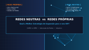 Infográfico comparativo sobre Redes Neutras vs Redes Próprias para provedores de internet (ISPs), destacando vantagens de CAPEX, OPEX, saturação de postes e valuation.